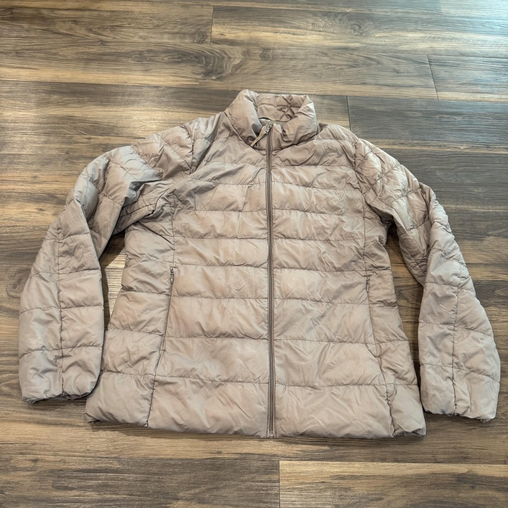 Uniqlo Jacket Women Large Beige Lightweight Down Puffer Water Repellent Zip FLAW